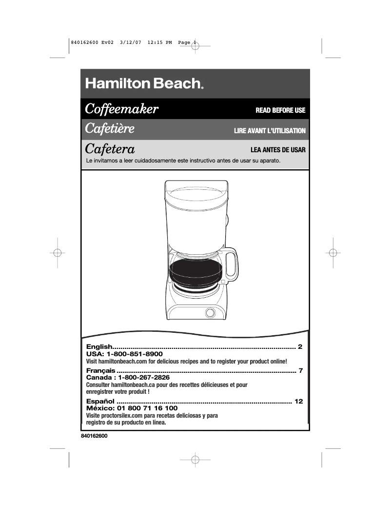 Page 1 de la notice Manuel utilisateur Hamilton Beach Aroma Express 48131