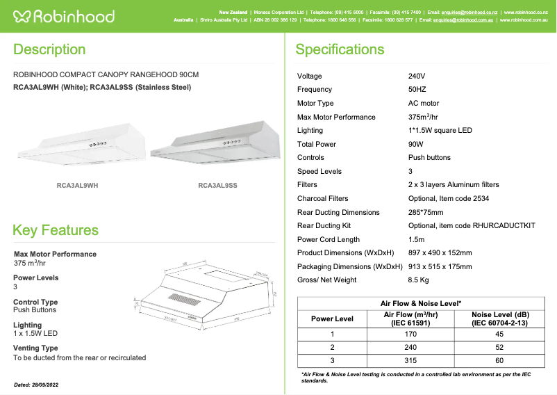 Page 1 de la notice Fiche technique Robinhood RCA3AL9SS