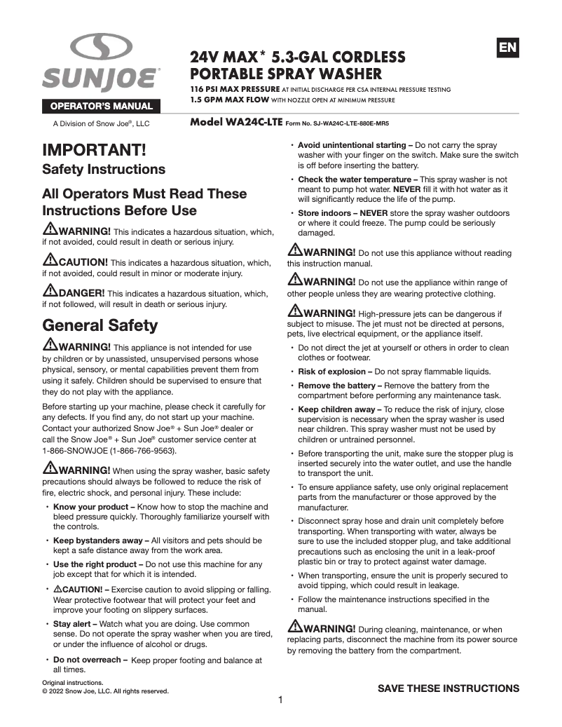 Page 1 de la notice Manuel utilisateur Sun Joe WA24C-LTE