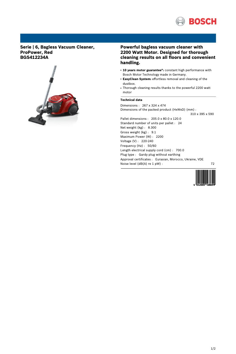 Page n°1 - Fiche technique Bosch BGS412234A