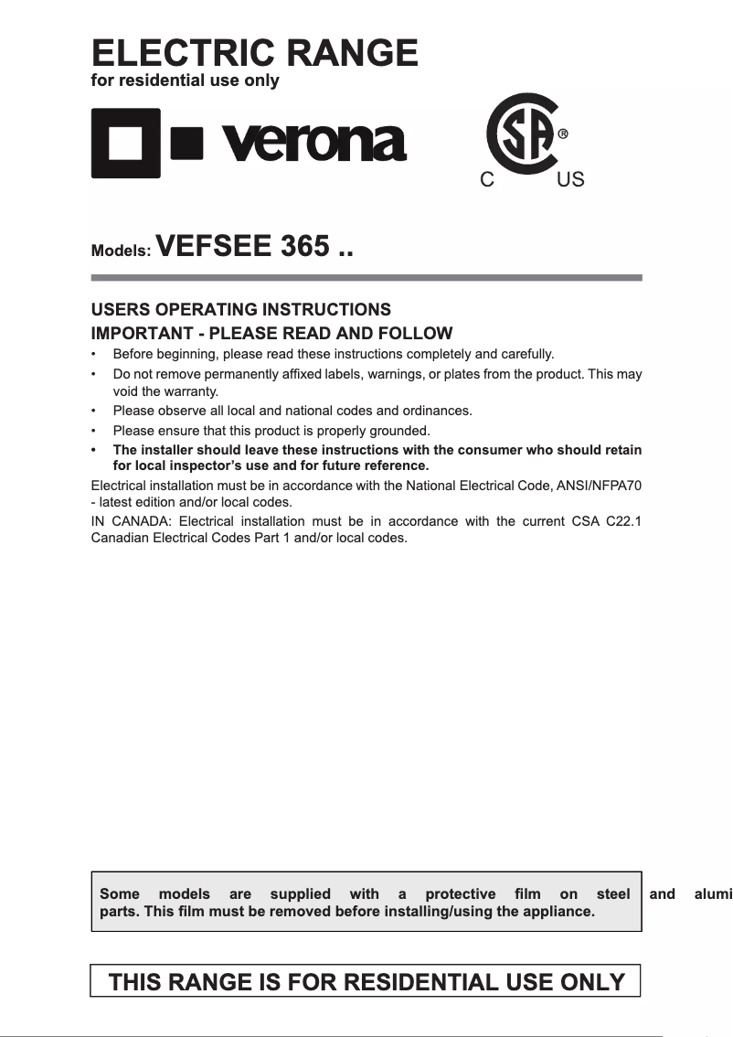 Page 1 de la notice Manuel utilisateur Verona VEFSEE365E
