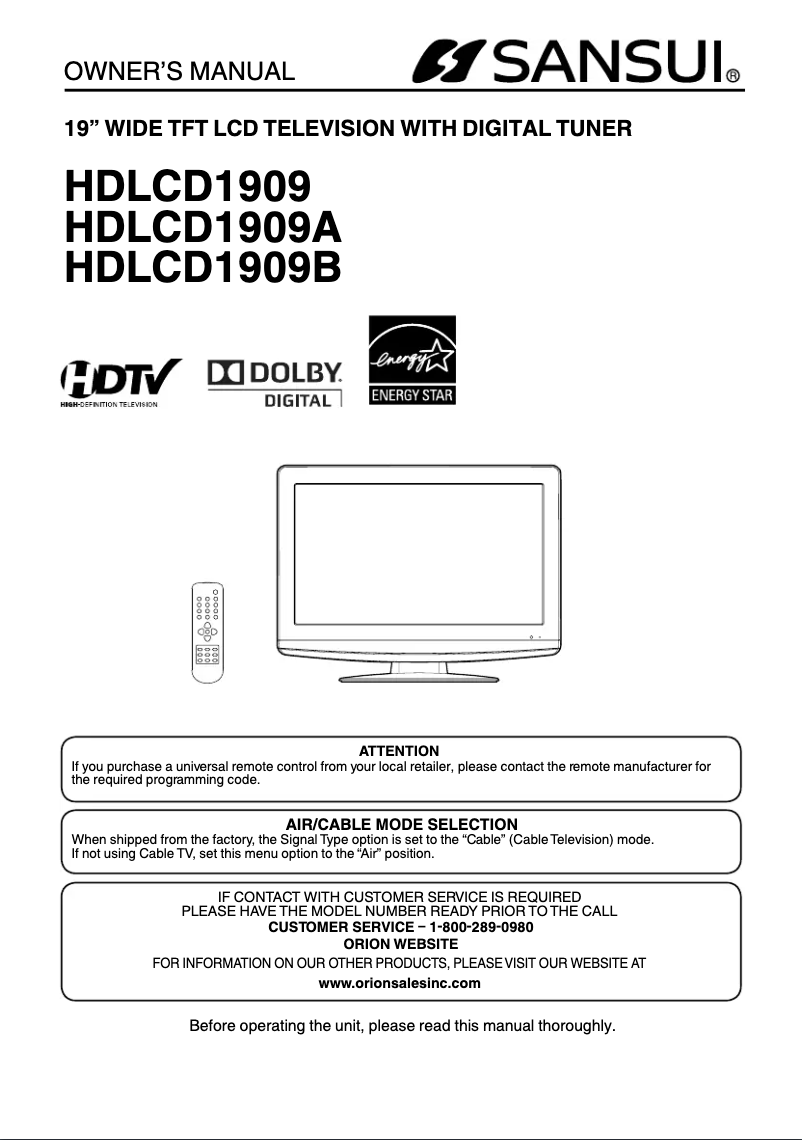 Page n°1 - Manuel utilisateur Sansui HDLCD1909