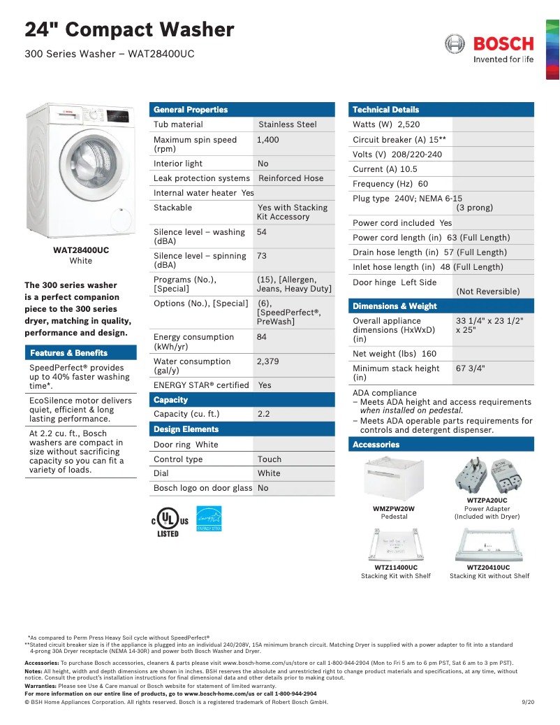 Page n°1 - Fiche technique Bosch 300 Series WAT28400UC