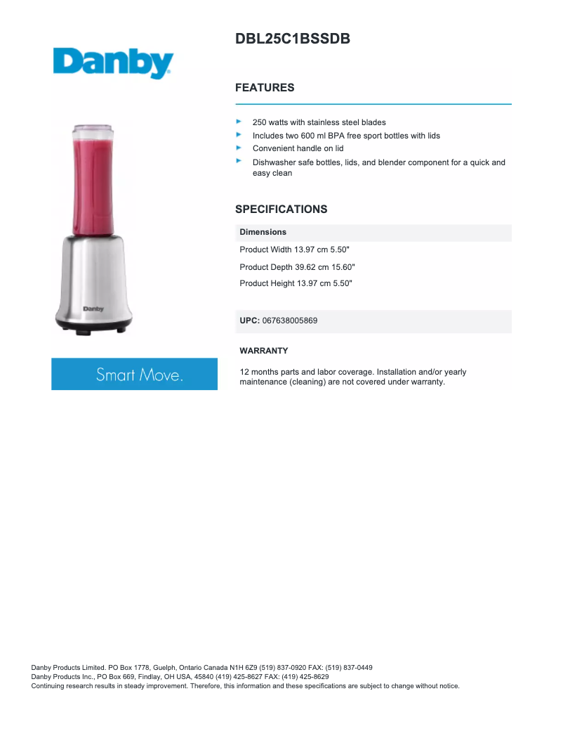 Page 1 de la notice Fiche technique Danby DBL25C1