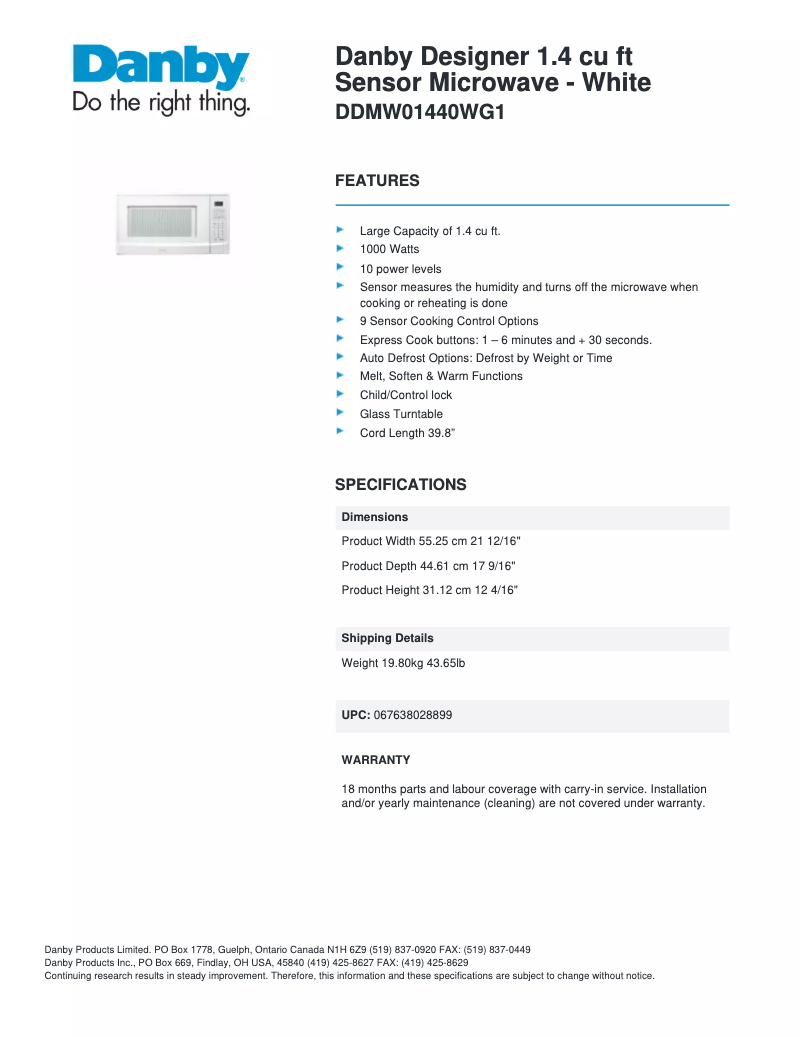 Page 1 de la notice Fiche technique Danby DDMW01440WG1