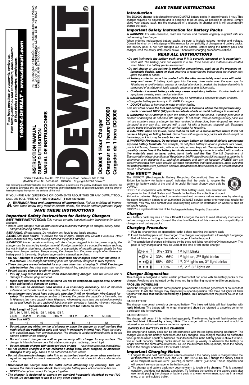 Page n°1 - Manuel utilisateur DeWalt DC9000