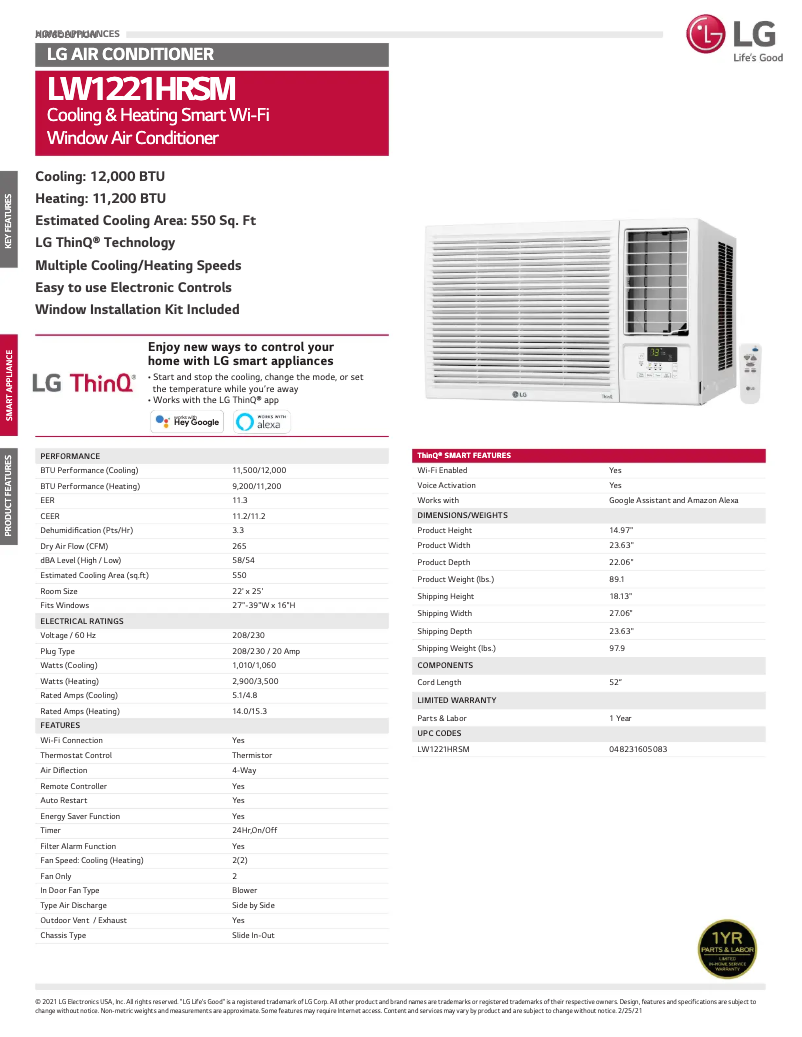Page 1 of the manual Technical Sheet LG LW1221HRSM