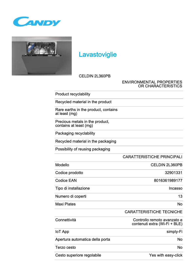 Page 1 de la notice Fiche technique Candy CELDIN 2L360PB