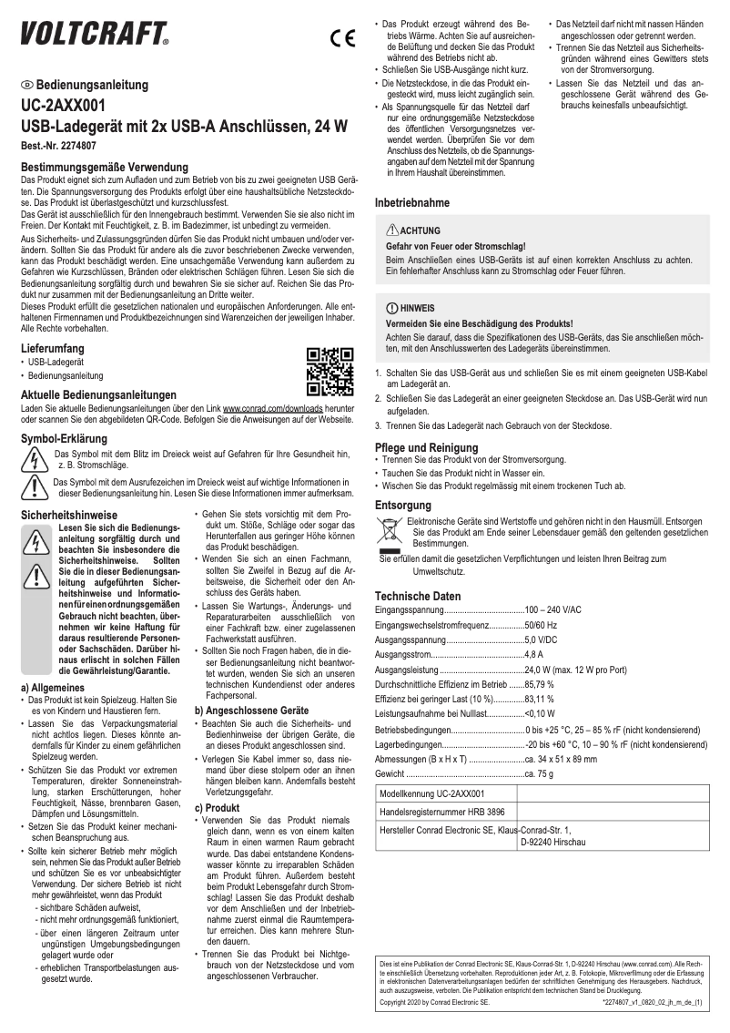 Page n°1 - Manuel utilisateur Voltcraft UC-2AXX001