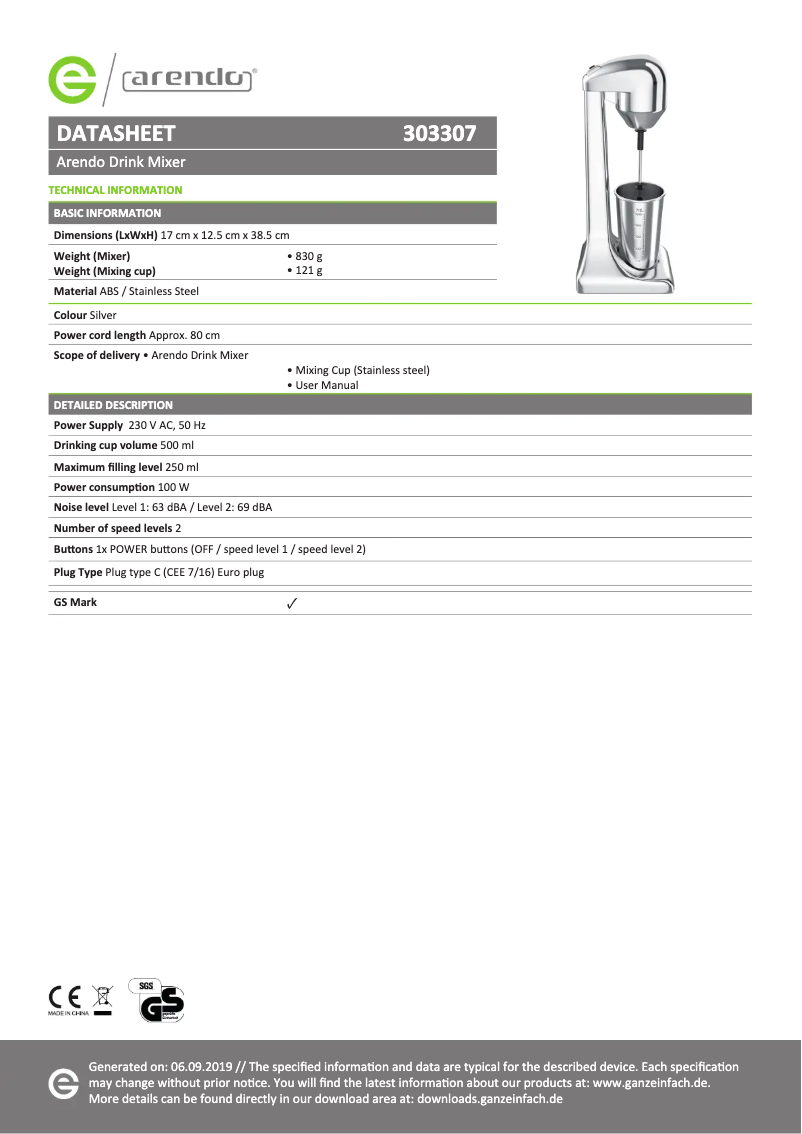 Page n°1 - Fiche technique Arendo 304592