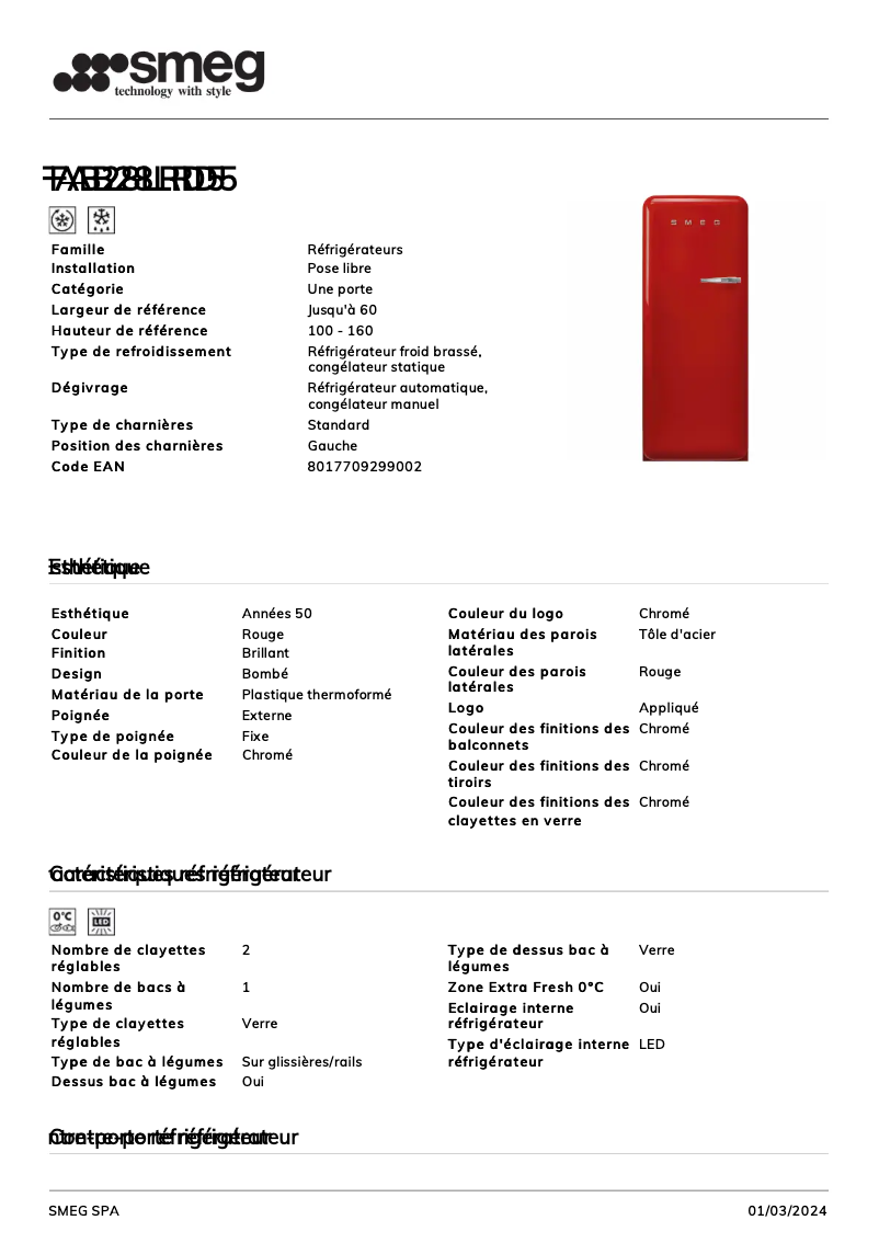 Page 1 de la notice Fiche technique Smeg FAB28LRD5