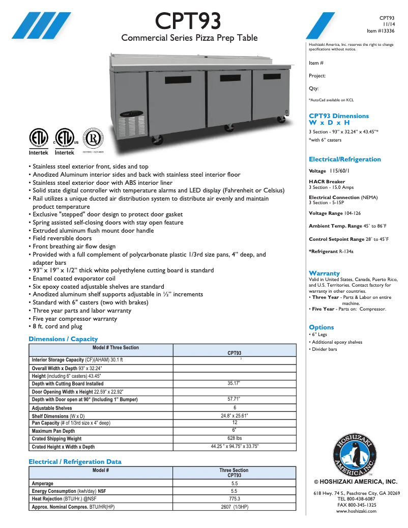 Page n°1 - Fiche technique Hoshizaki CPT93