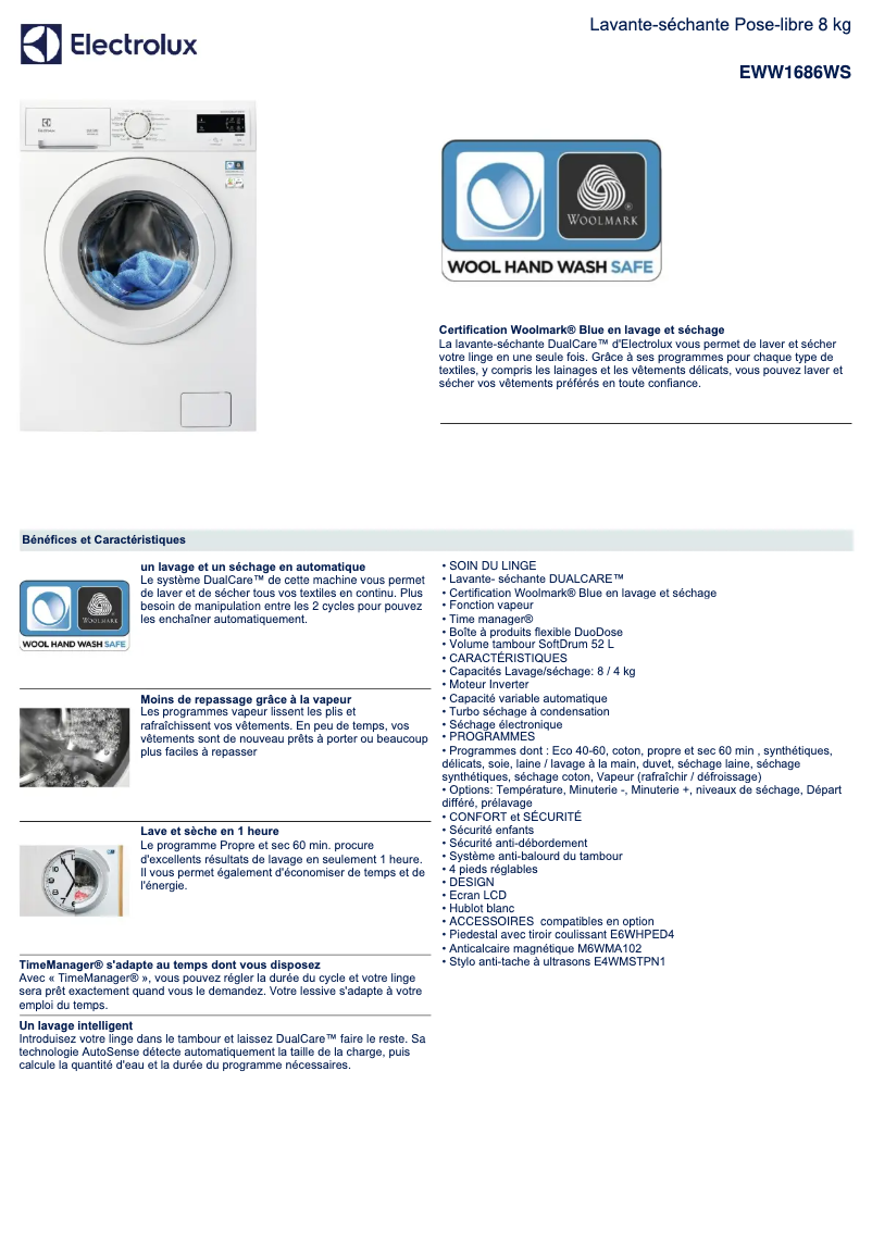 Page 1 de la notice Fiche technique Electrolux EWW1686WS