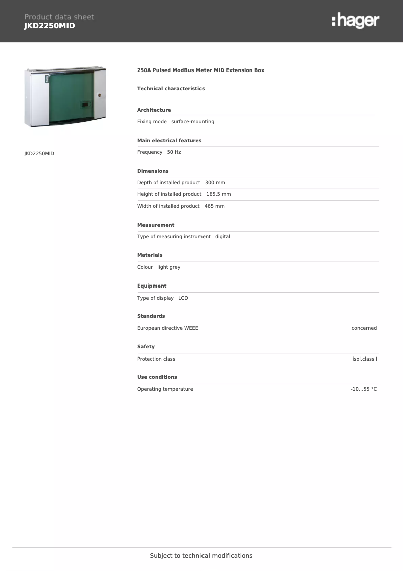 Page 1 de la notice Fiche technique Hager JKD2250MID