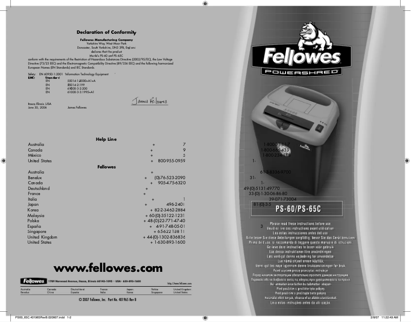 Page 1 de la notice Manuel utilisateur Fellowes Powershred PS-65C