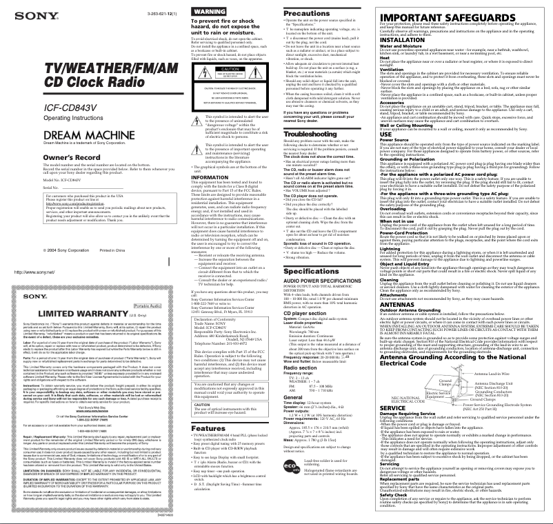 Image de la première page du manuel de l'appareil ICF-CD843V