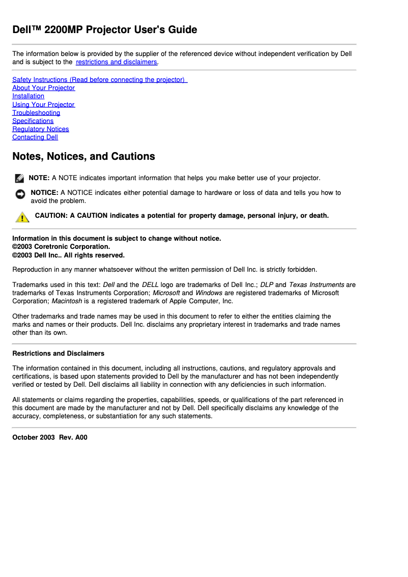 Page 1 de la notice Manuel utilisateur Dell 2200MP