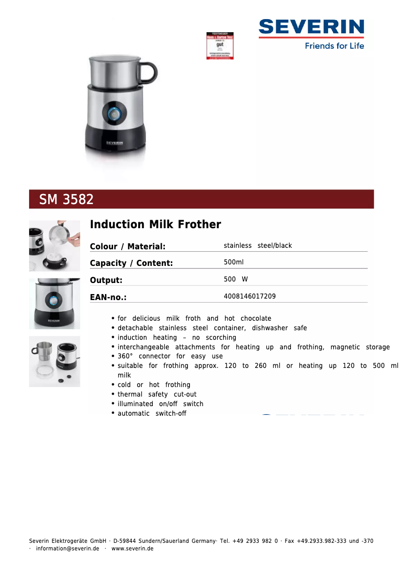 Page 1 of the manual Technical Sheet Severin SM 3582