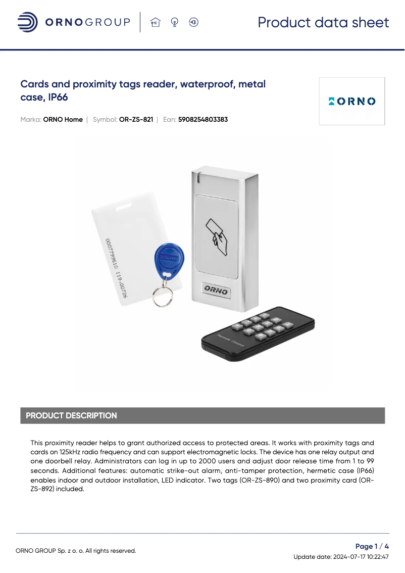 Page 1 de la notice Fiche technique ORNO OR-ZS-821