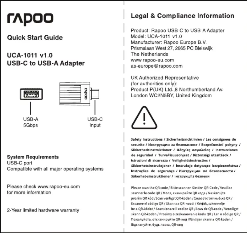Page 1 de la notice Manuel utilisateur Rapoo UCA-1011