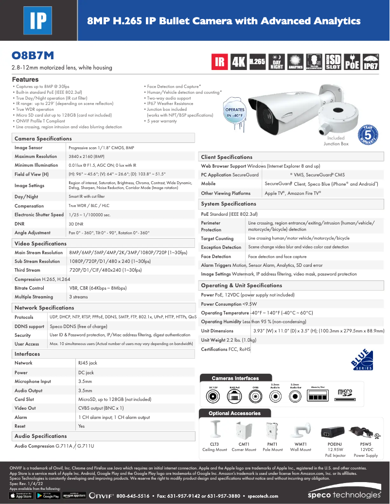 Page 1 de la notice Fiche technique Speco Technologies O8B7M