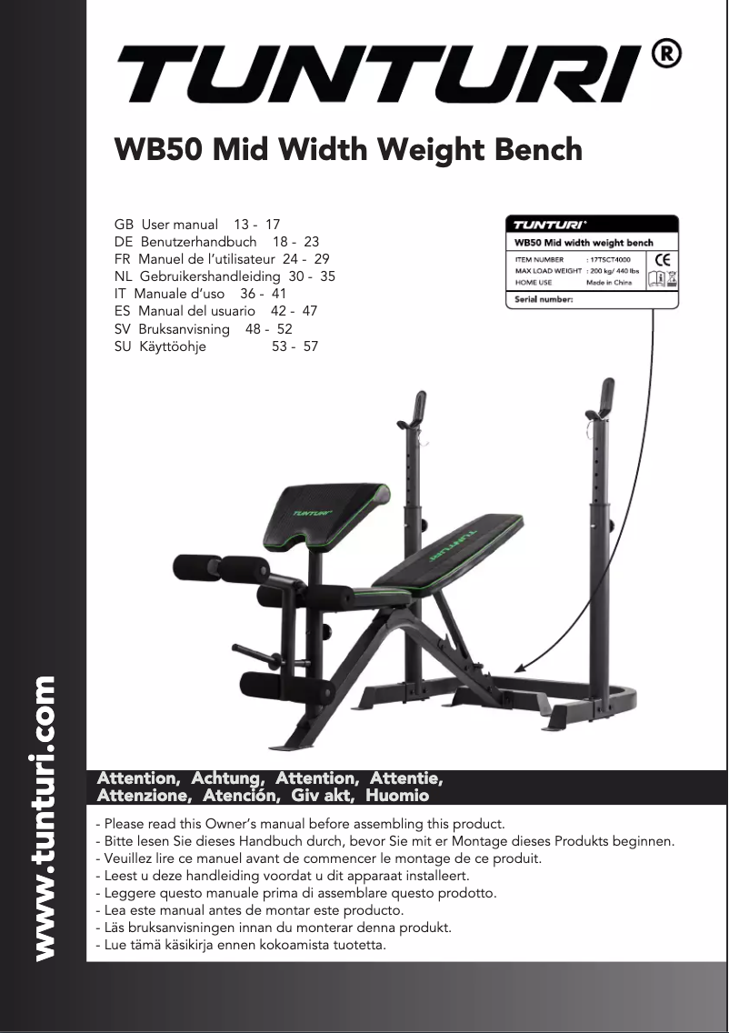 Image de la première page du manuel de l'appareil WB50 Mid Width Weight Bench