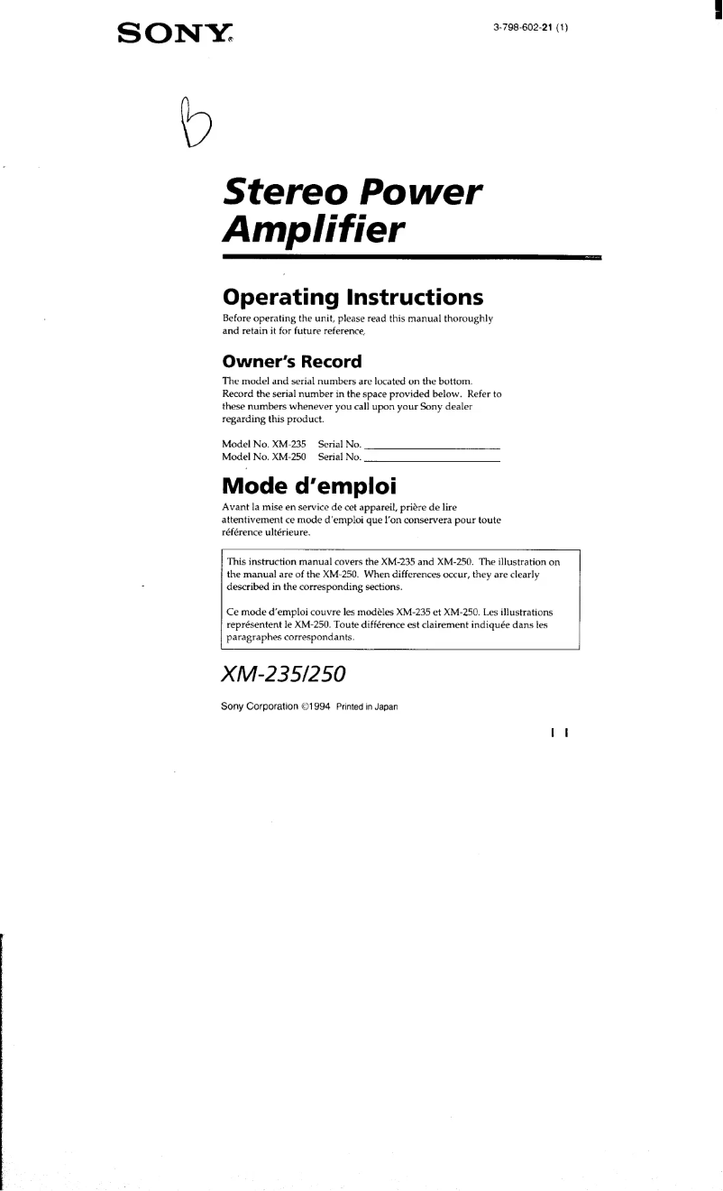 Page 1 de la notice Manuel utilisateur Sony XM-250