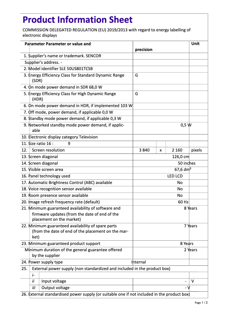 Page n°1 - Fiche technique Sencor SLE 50US801TCSB