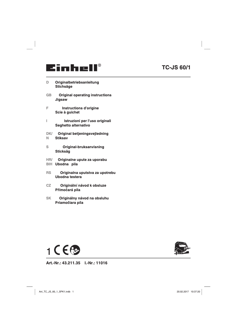 Page 1 de la notice Manuel utilisateur Einhell TC-JS 60/1