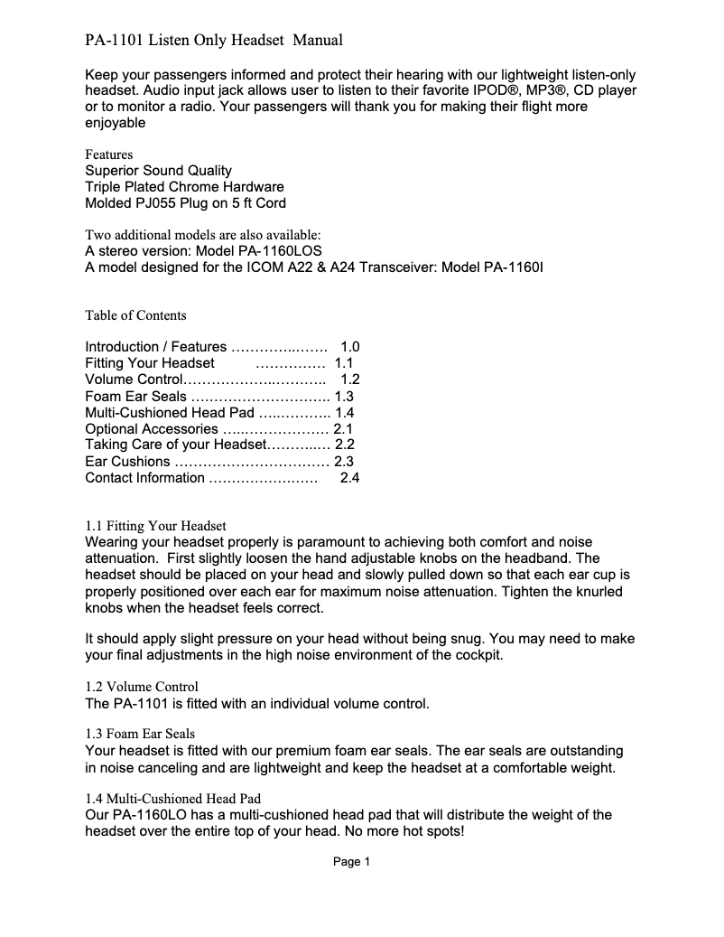 Page 1 de la notice Manuel utilisateur Pilot PA-1100