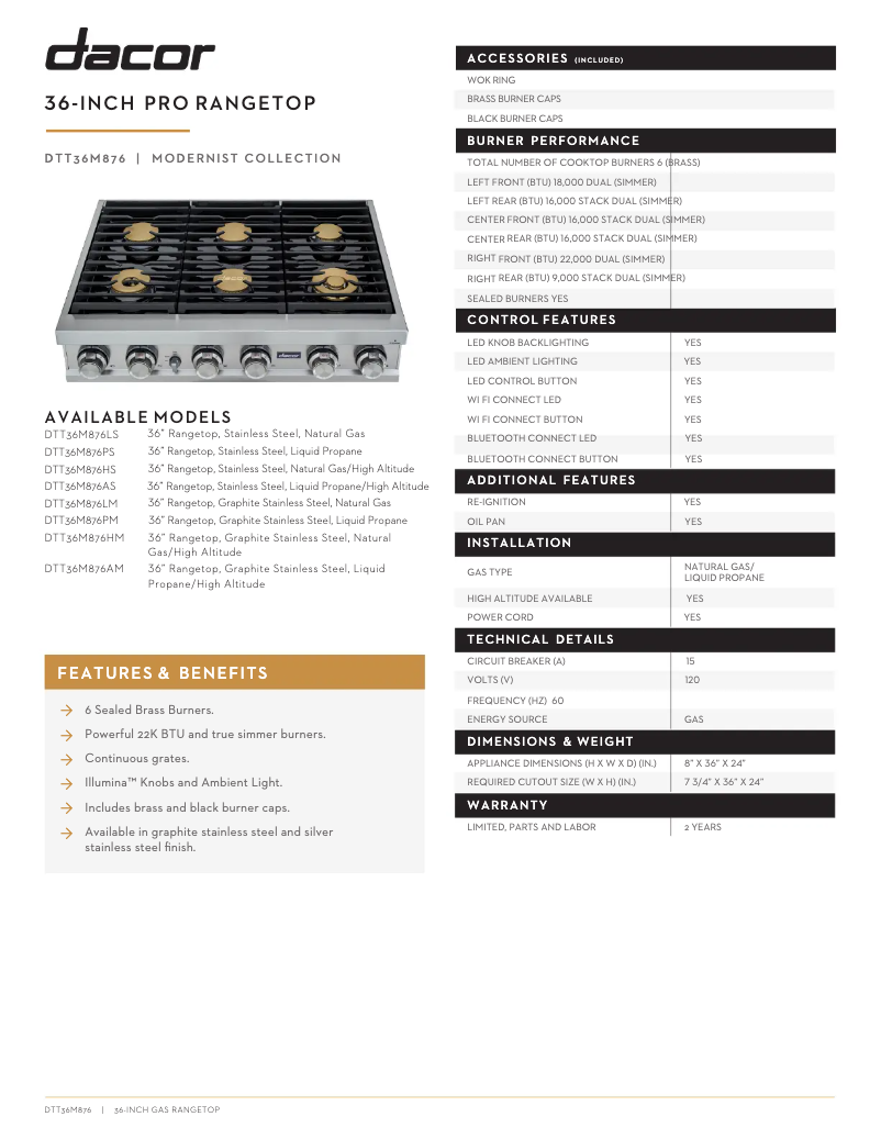 Page n°1 - Fiche technique Dacor DTT36M876LS