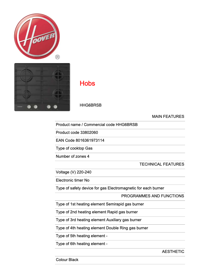 Page n°1 - Fiche technique Hoover HHG6BRSB