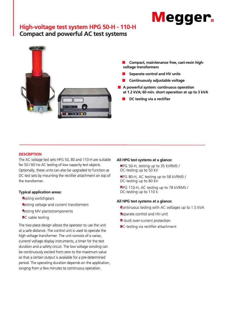 Page 1 de la notice Fiche technique Megger HPG50-H