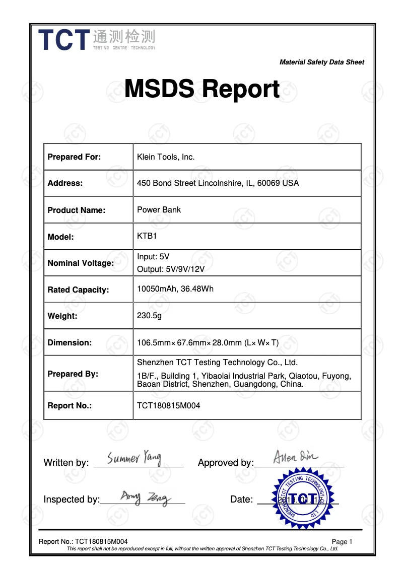 Page 1 de la notice Fiche technique Klein Tools KTB1
