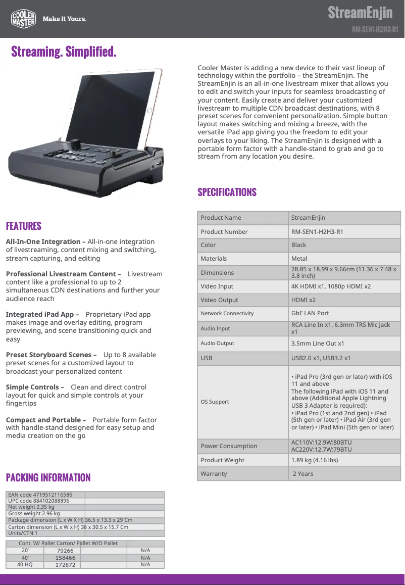 Página 1 del manual Ficha técnica Cooler Master StreamEnjin