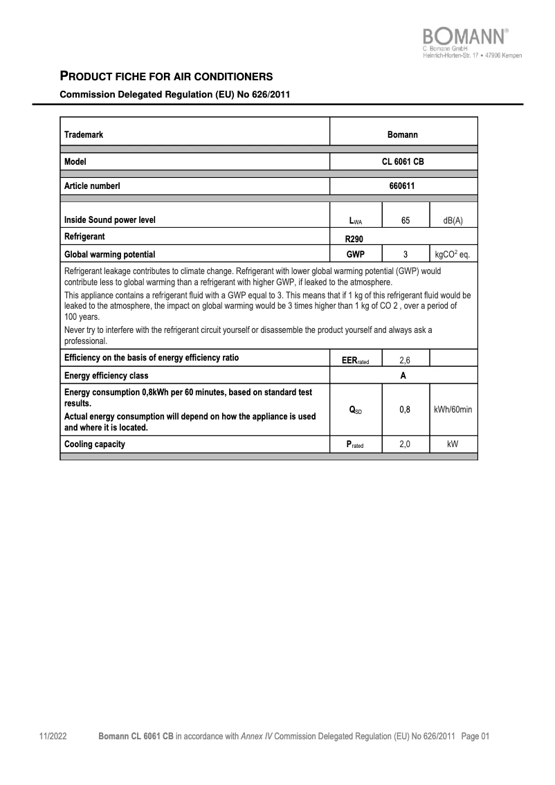 Page 1 de la notice Fiche technique Bomann CL 6061 CB