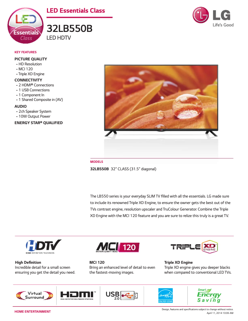 Page 1 de la notice Fiche technique LG 32LB550B