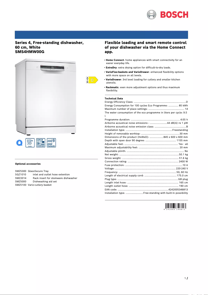 Page 1 de la notice Fiche technique Bosch SMS4HMW00G