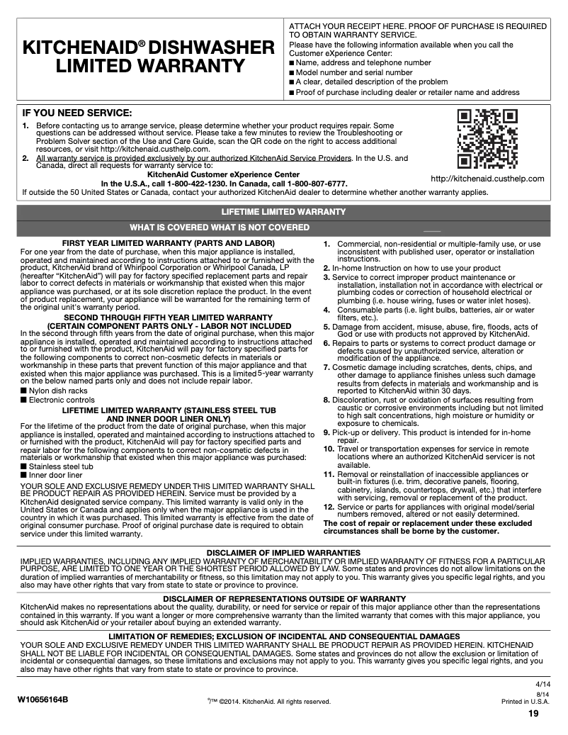 Página 1 del manual Información de garantía KitchenAid Architect KDTM354DSS