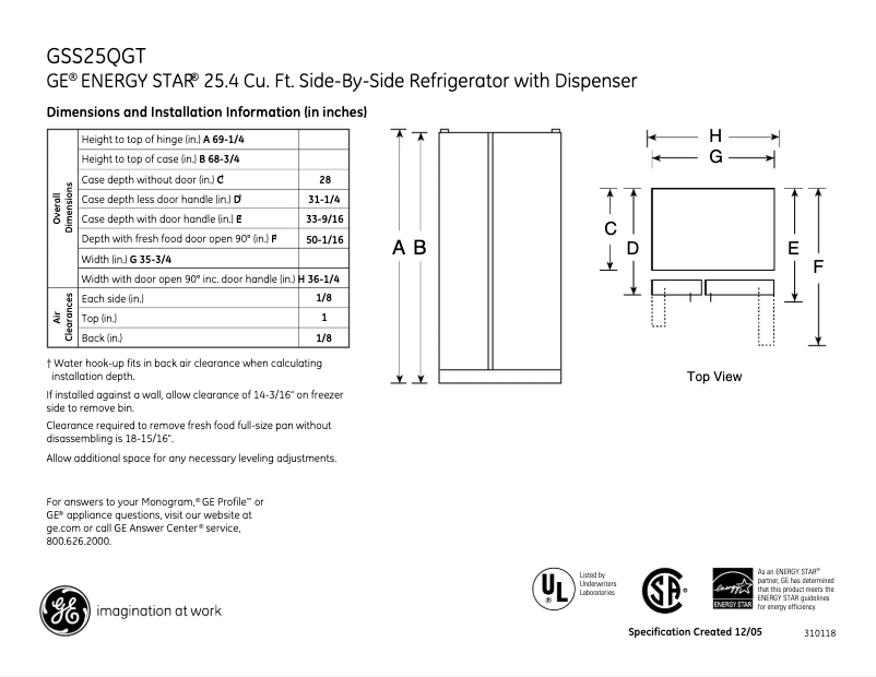 Page n°1 - Fiche technique GE GSS25QGTBB