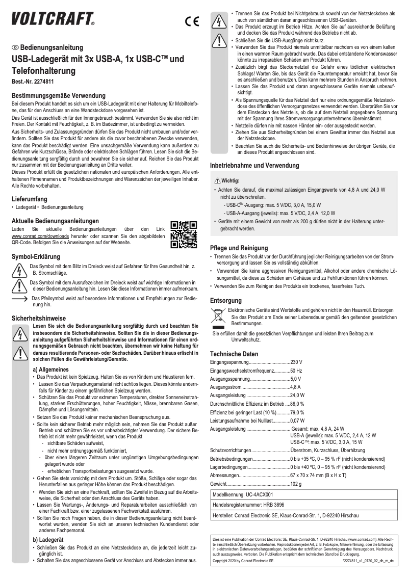 Page 1 de la notice Manuel utilisateur Voltcraft UC-4ACX001