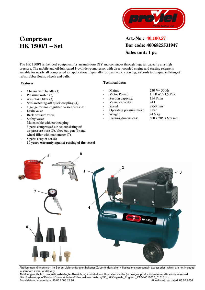 Page n°1 - Fiche technique Proviel HK 1500/1