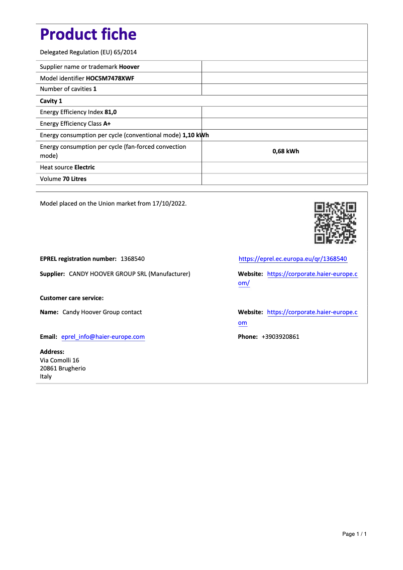 Page 1 de la notice Fiche technique Hoover HOC5M7478XWF