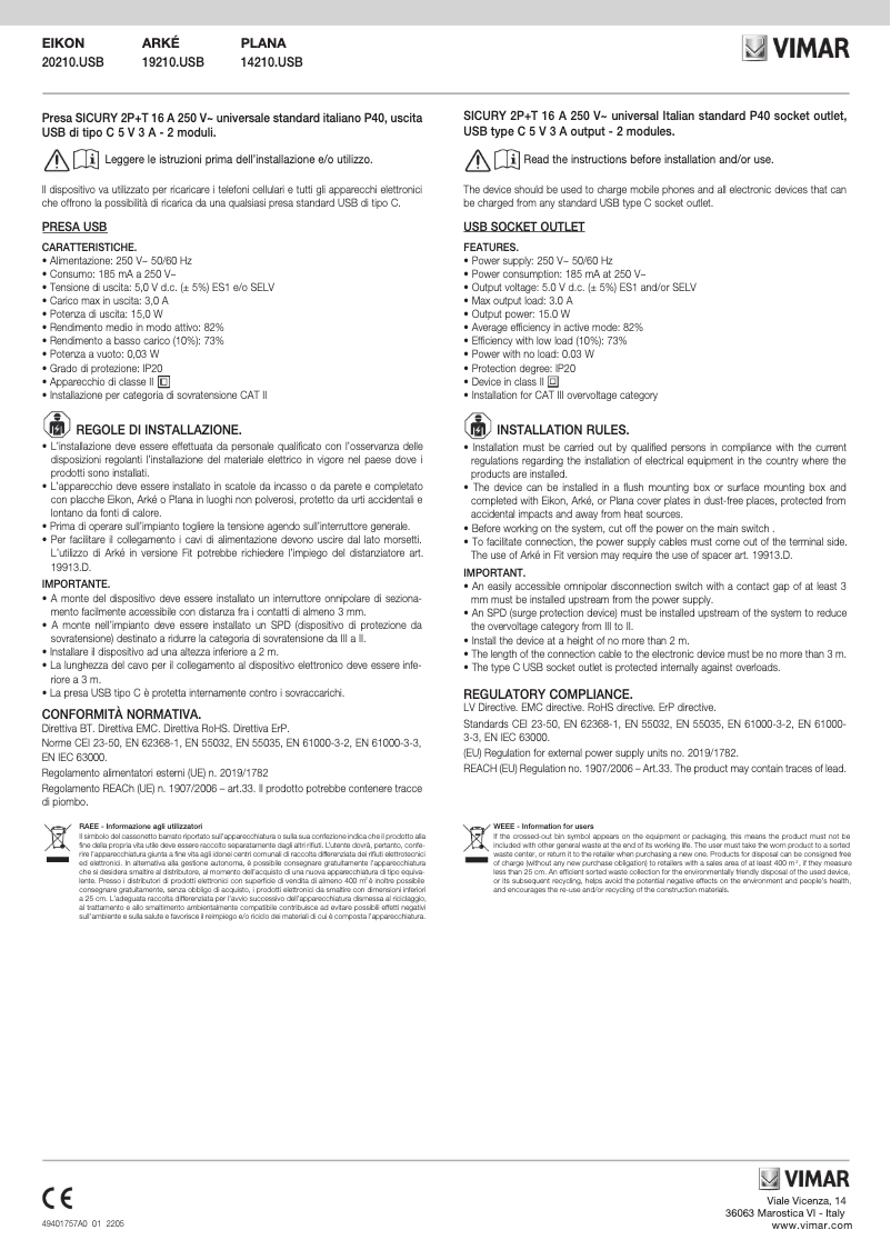 Page 1 de la notice Manuel utilisateur Vimar 20210.USB