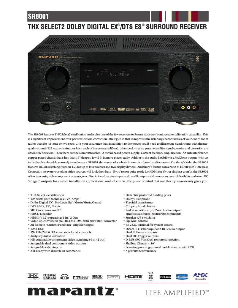 Page 1 de la notice Fiche technique Marantz SR-8001