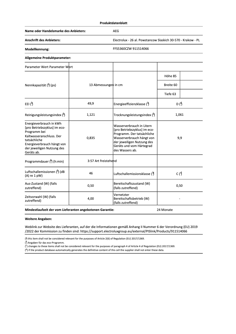 Page 1 de la notice Fiche technique AEG FFS5360CZW
