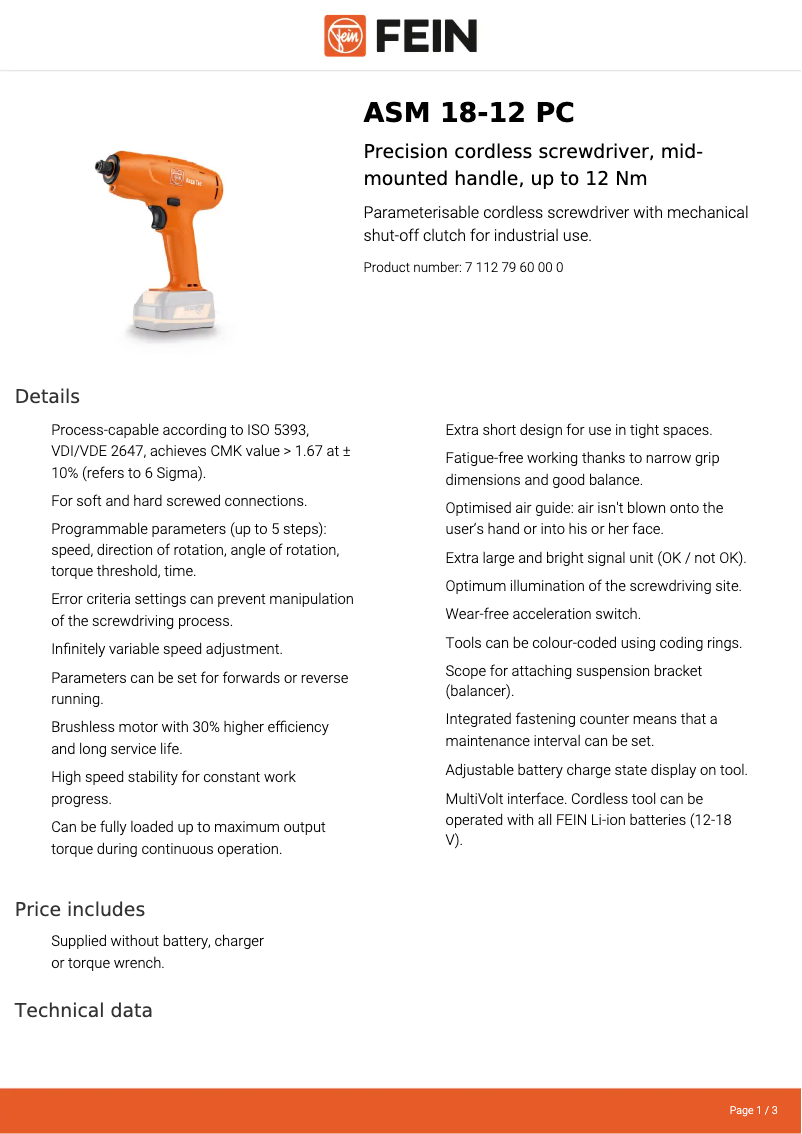 Page 1 de la notice Fiche technique Fein ASM 18-12 PC