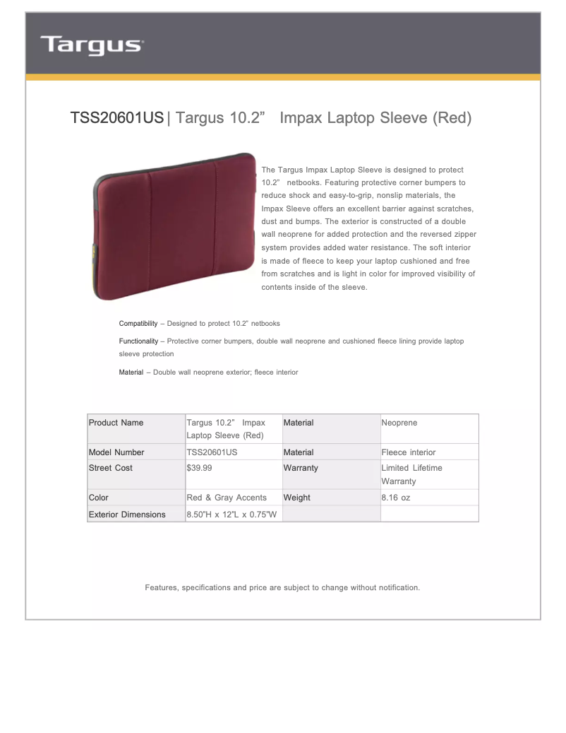 Page n°1 - Manuel utilisateur Targus Impax TSS206US