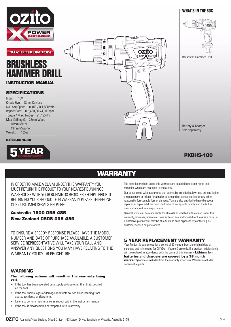 Page 1 de la notice Manuel utilisateur Ozito PXBHS-100
