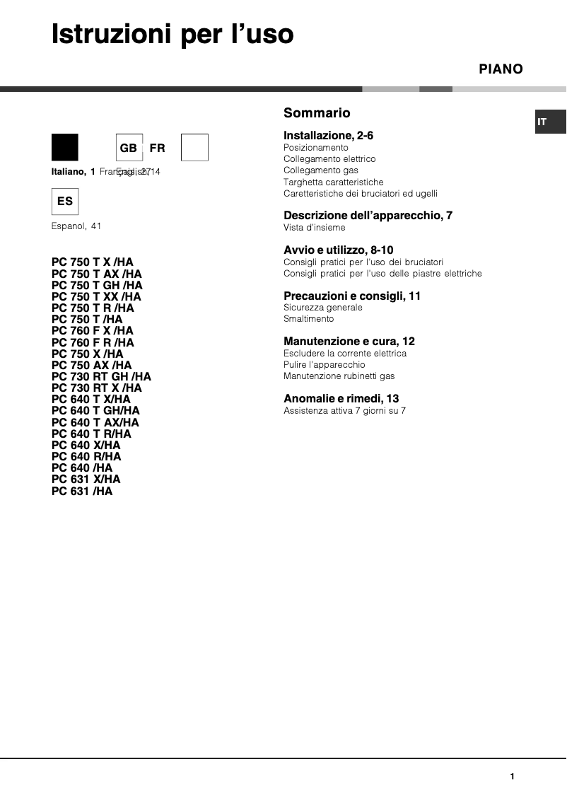 Page n°1 - Manuel utilisateur Hotpoint Ariston PC 750 T X /HA